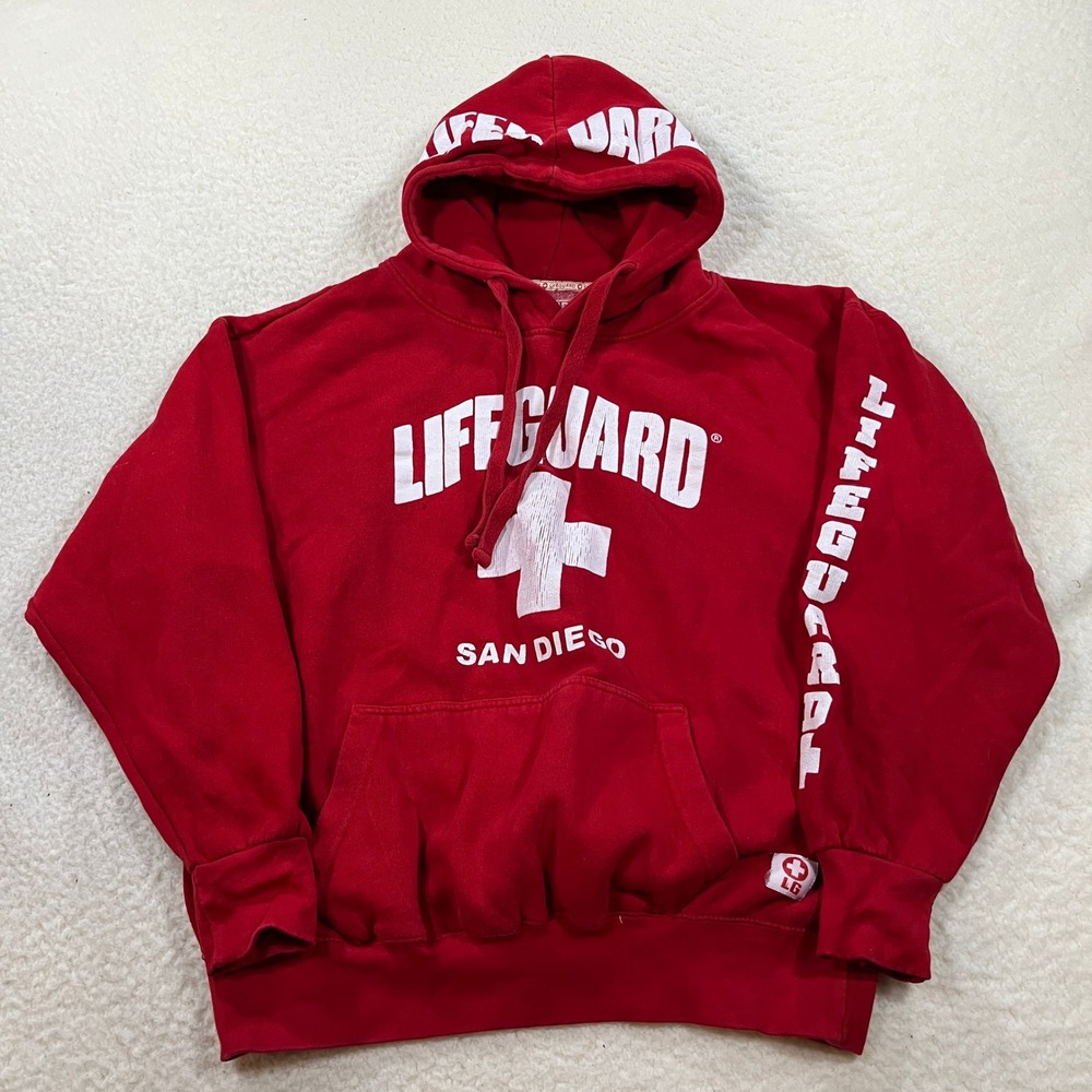 Lifeguard Hoodie Mens Large Red San Diego Pullover Sweatshirt Graphic Sleeve